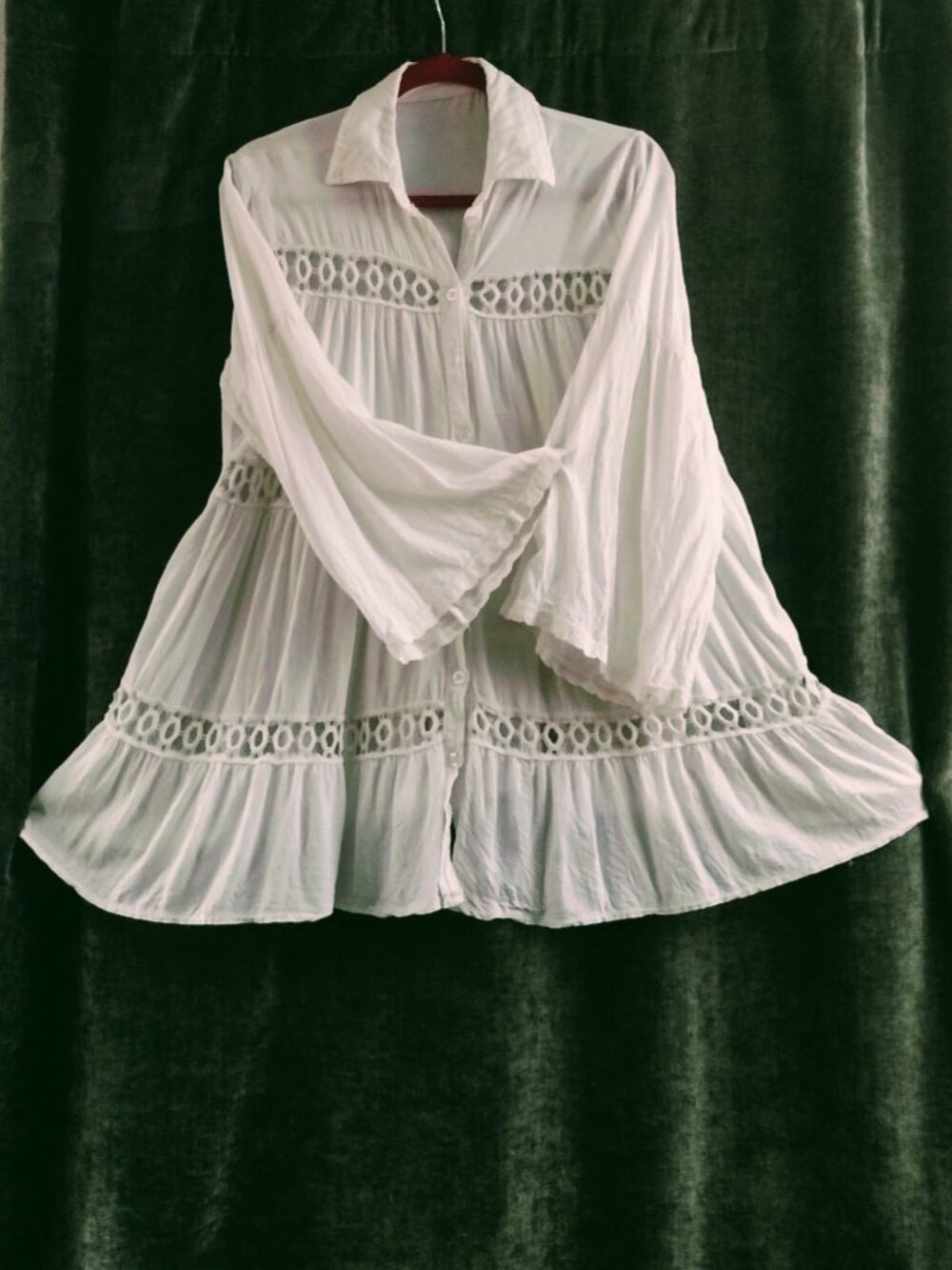 Vintage White 3 tier button down 100% cotton ramie crochet blouse